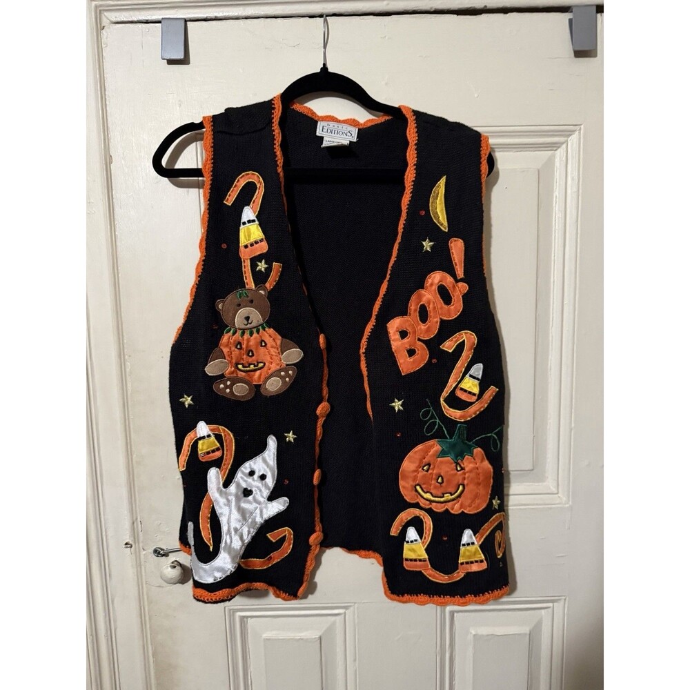 Vintage Basic Editions Halloween Sweater Vest L Ghost Pumpkin Boo Candy Corn